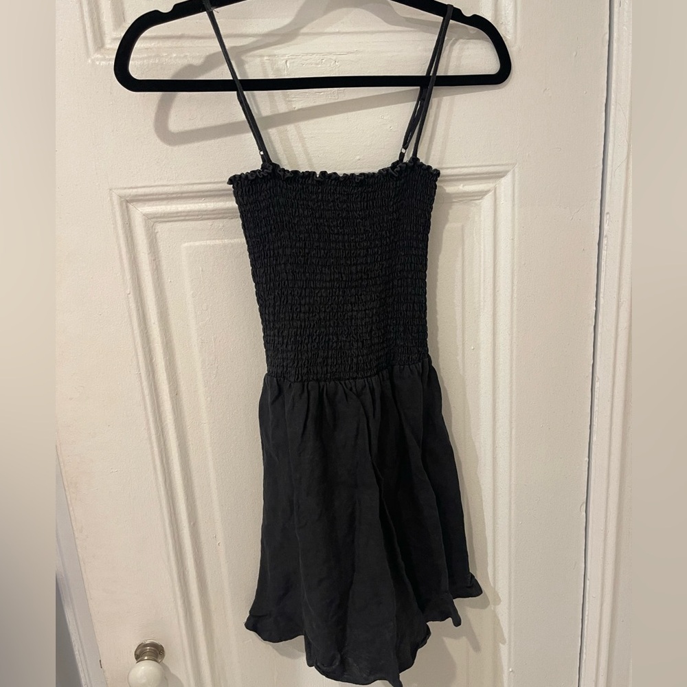 Reformation ruched black mini dress